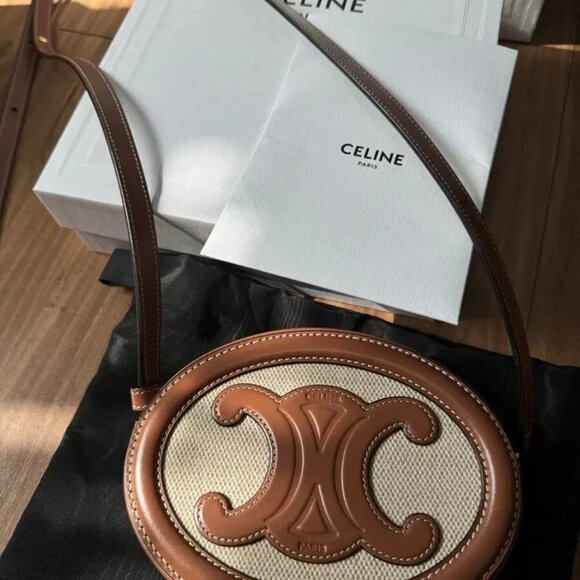 Celine Crossbody Oval Purse Cuir Triomphe in Textile and Calfskin Natural / Tan - Picture 13 of 13